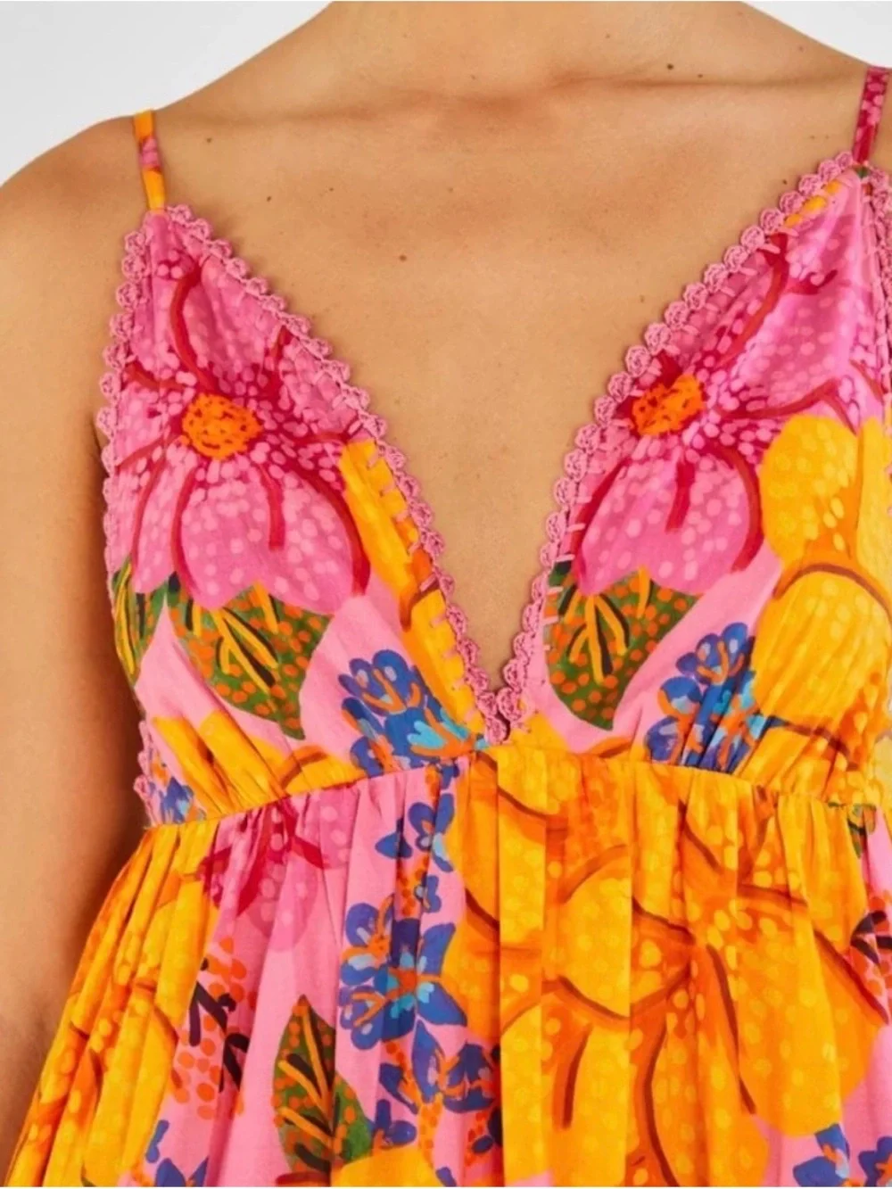 FARM Rio Pink and Orange Floral Tiered Maxi Dress